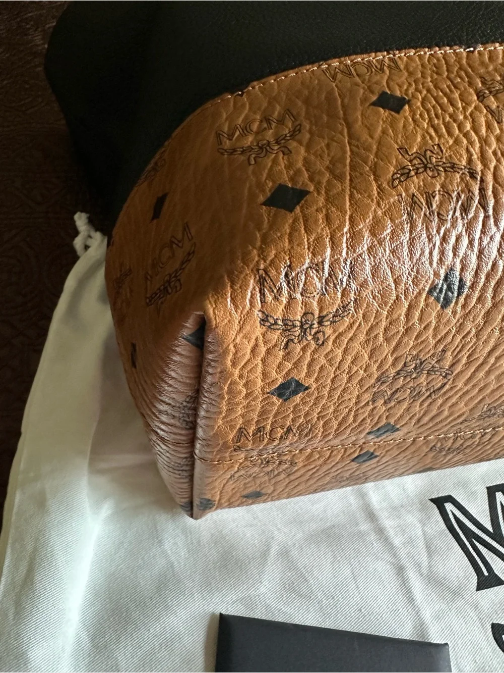 MCM Visetos Tote with Black and Cognac Leather Detailing
